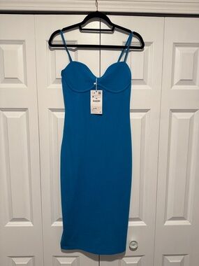 Zara Teal Blue Spaghetti-Strap Midi Dress
